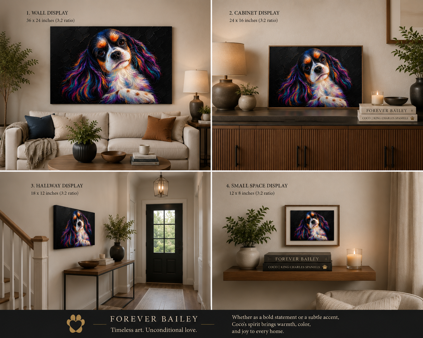 Coco's portrait displayed in four home interiors