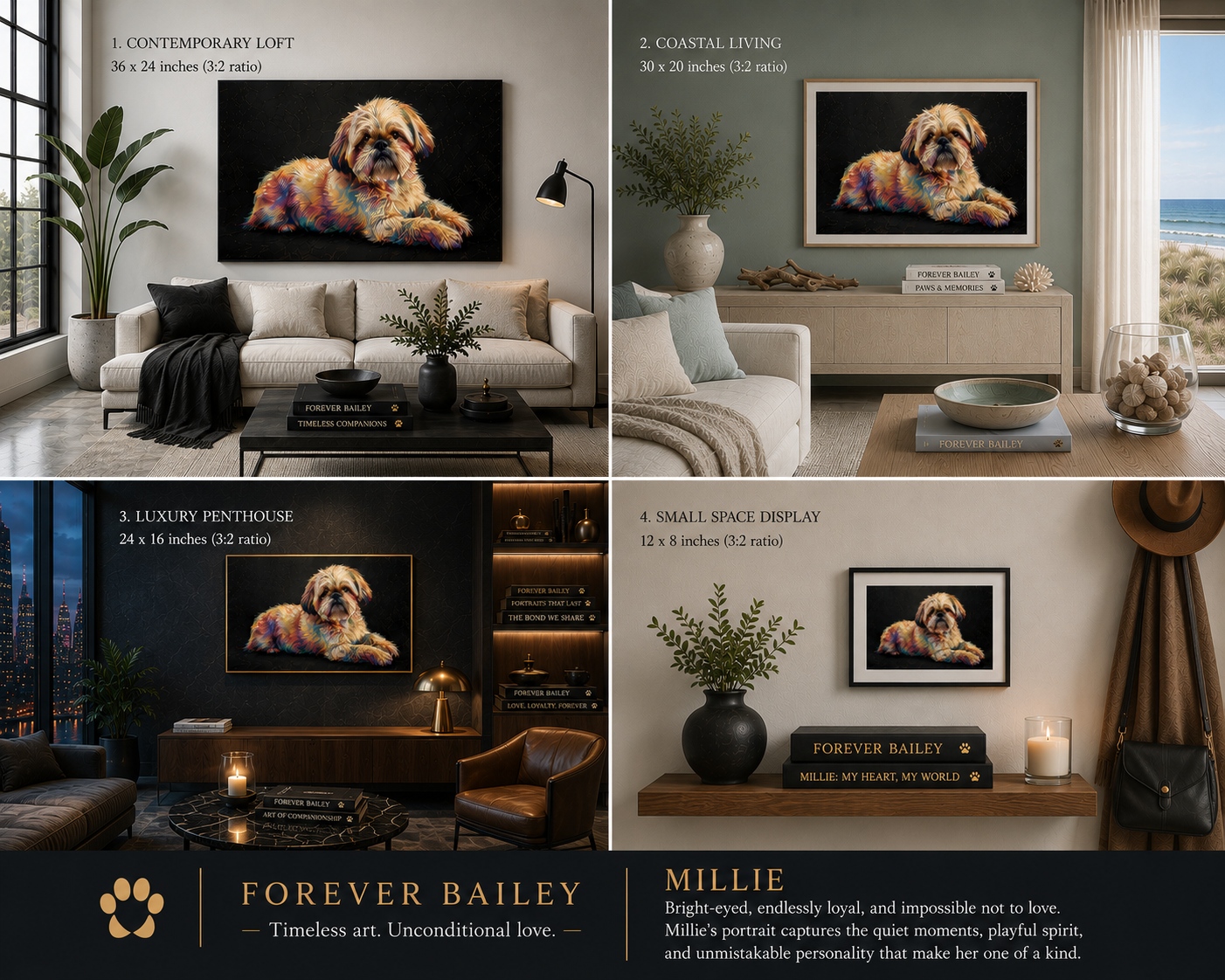 Millie's portrait displayed in four home interiors